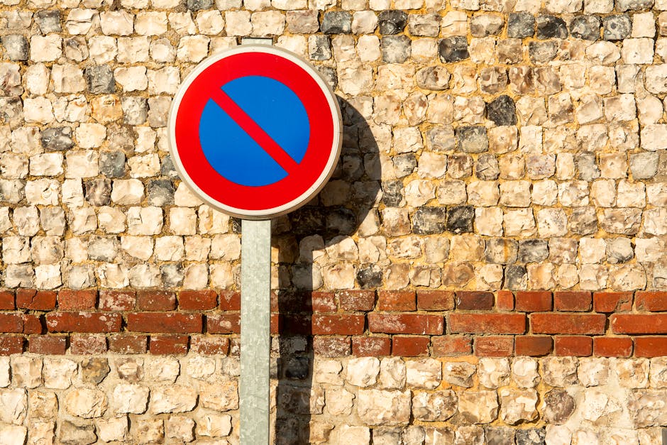 A circular no parking sign with a red border, blue background, and a red diagonal slash, mounted on a metal pole standing on a pavement adjacent to a brick and stone wall. The sign casts a shadow on the wall, indicating sunlight. The background wall consists of irregular cream-colored stones and darker bricks arranged horizontally. This scene reflects typical urban parking control measures that may impact home relocation and furniture transport processes, which are often managed by professional removals companies like Man with Van Emerson Park during house moves. The image highlights the importance of respecting parking restrictions and planning logistics for loading and unloading furniture and boxes within regulated areas, supporting efficient packing and moving operations.
